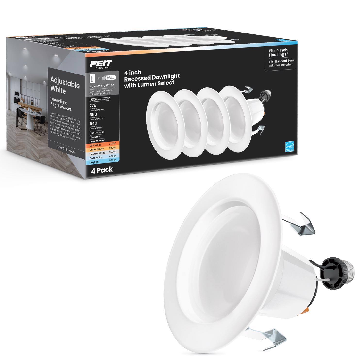 FEIT ELECTRIC

4 inch Recessed Downlight Adjustable White with Lumen Select

Adjustable White
1 light choices
775 lumens
650 lumens
540 lumens

Soft White 2700K
Bright White 4000K
Cool White 5000K
Daylight 5000K

50,000 Hour Life

Fits 4 inch Housings
E26 Standard Base
Adopter Included

4 Pack