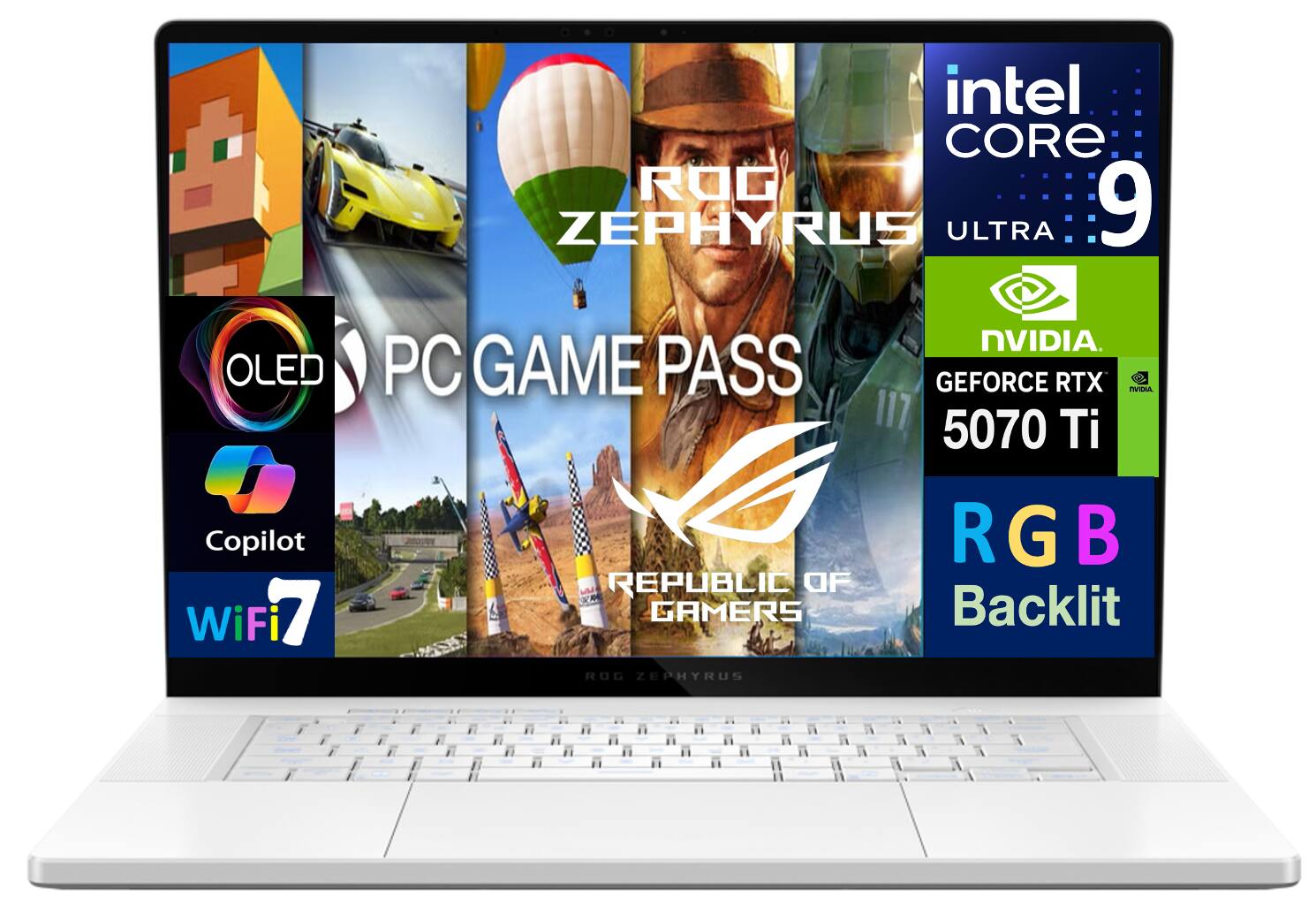 intel CORE i9 ULTRA 9 OLED PC GAME PASS GEFORCE RTX 5070 Ti RGB Backlit ROG ZEPHYRUS ULTRA 9 OLED Copilot WiFi 7 NVIDIA. REPUBLIC OF GAMERS