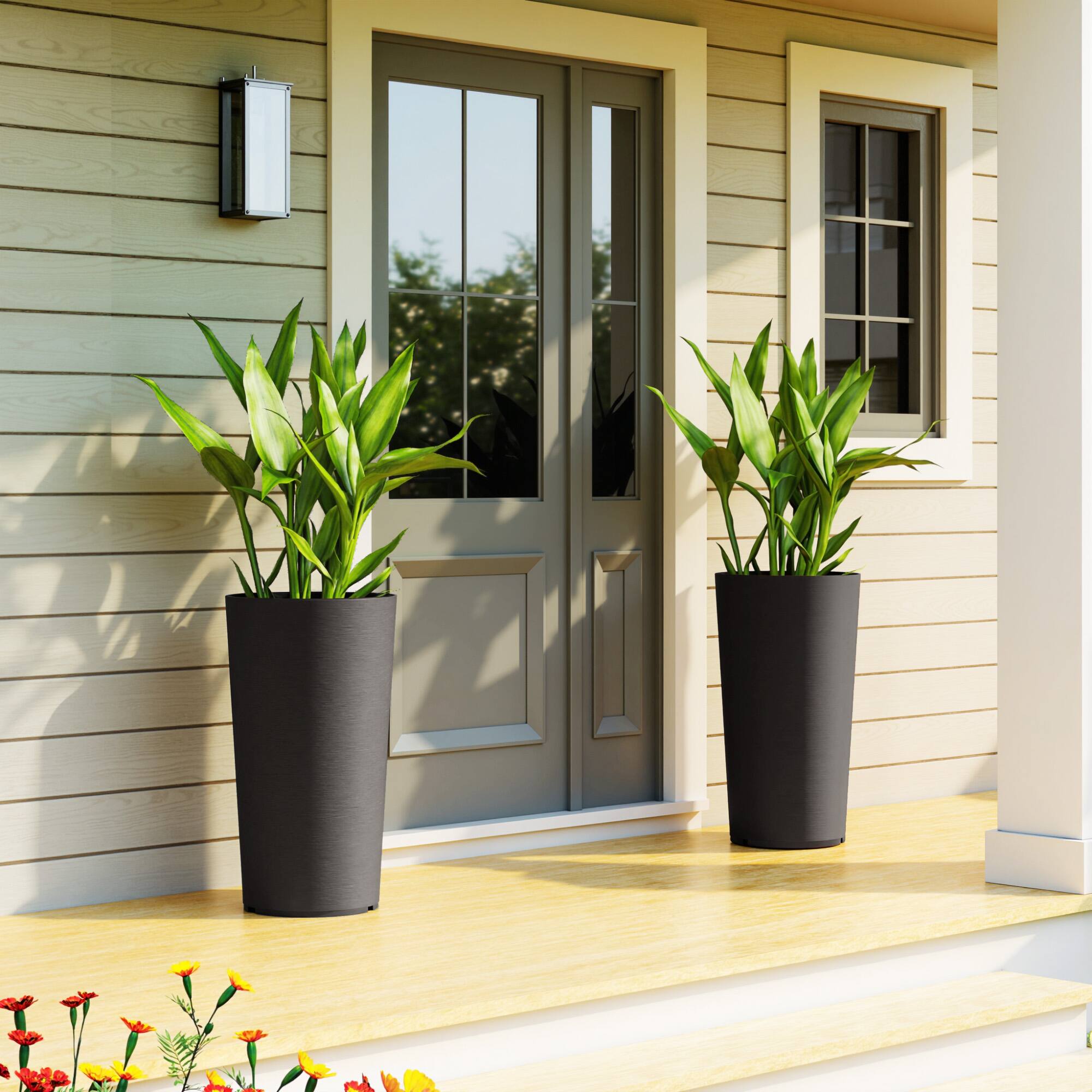 Alt View 7. Outsunny - 29 Inch Tall Planters for Outdoor Plants, Set of 2 Plastic Flower Pots with DIY Drainage Holes, Stackable Large Planter.