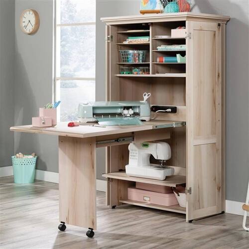 Angle. Hivvago - Drop Leaf Computer Desk Craft Table Armoire in Maple Wood Finish - Grey.