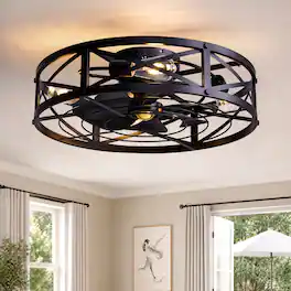 Siljoy - 24‑Inch Farmhouse Caged Flush Mount Ceiling Fan with Light DC Motor for Living Room Bedroom Kitchen - Black