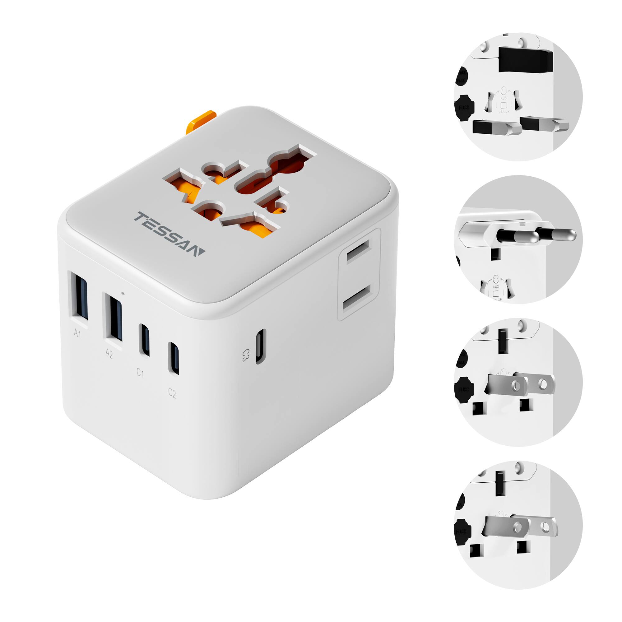 Front. TESSAN - Universal Travel Adapter, 28W Worldwide Plug Adaptor with 3 USB-C and 2 AC Outlets for EU UK AUS Type C G A I - Gray & White.