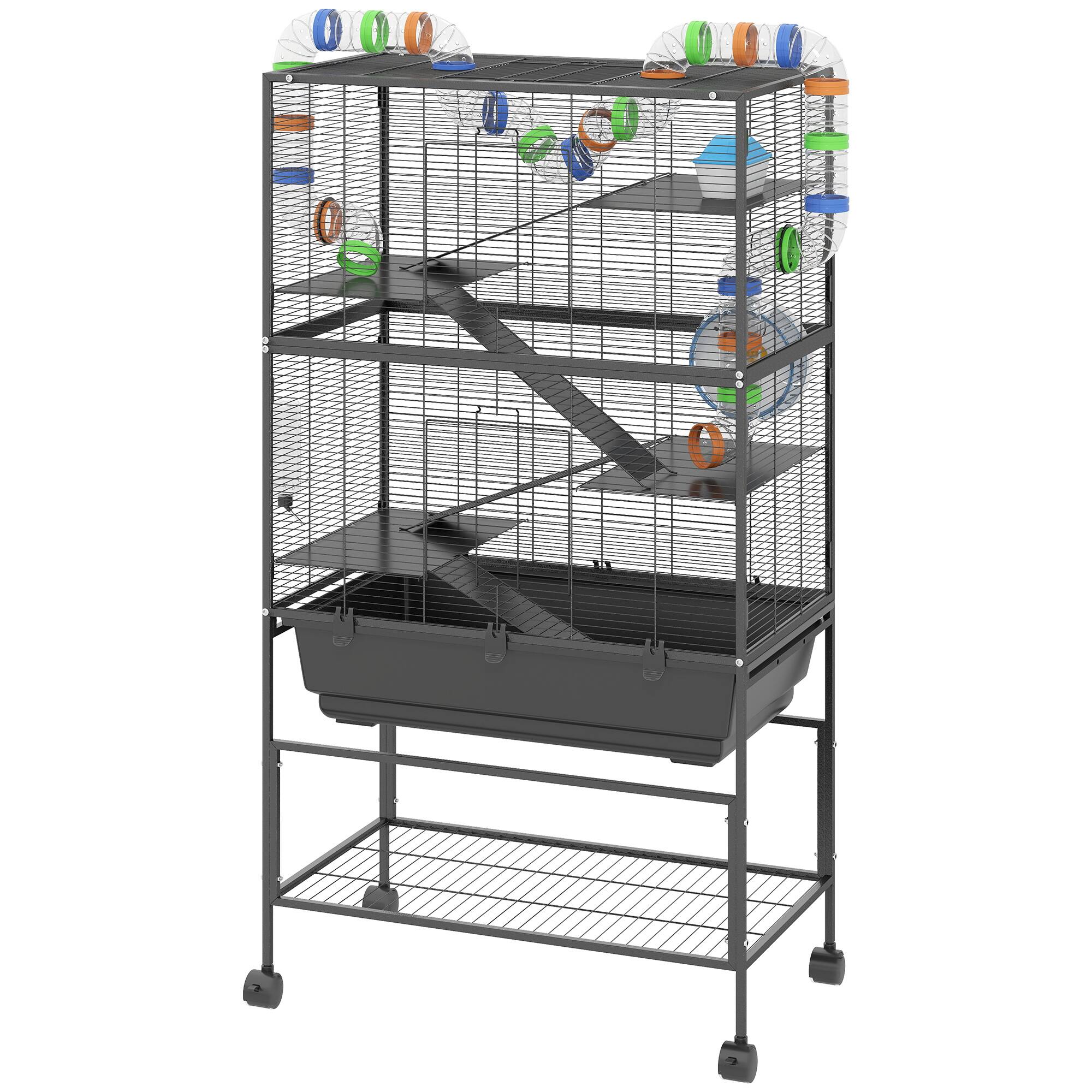 Front. Pawhut - Tier Hamster Cage, Rolling Rat Cage with Deep Tray, Storage Shelf, Big Exercise Wheel, Hut.