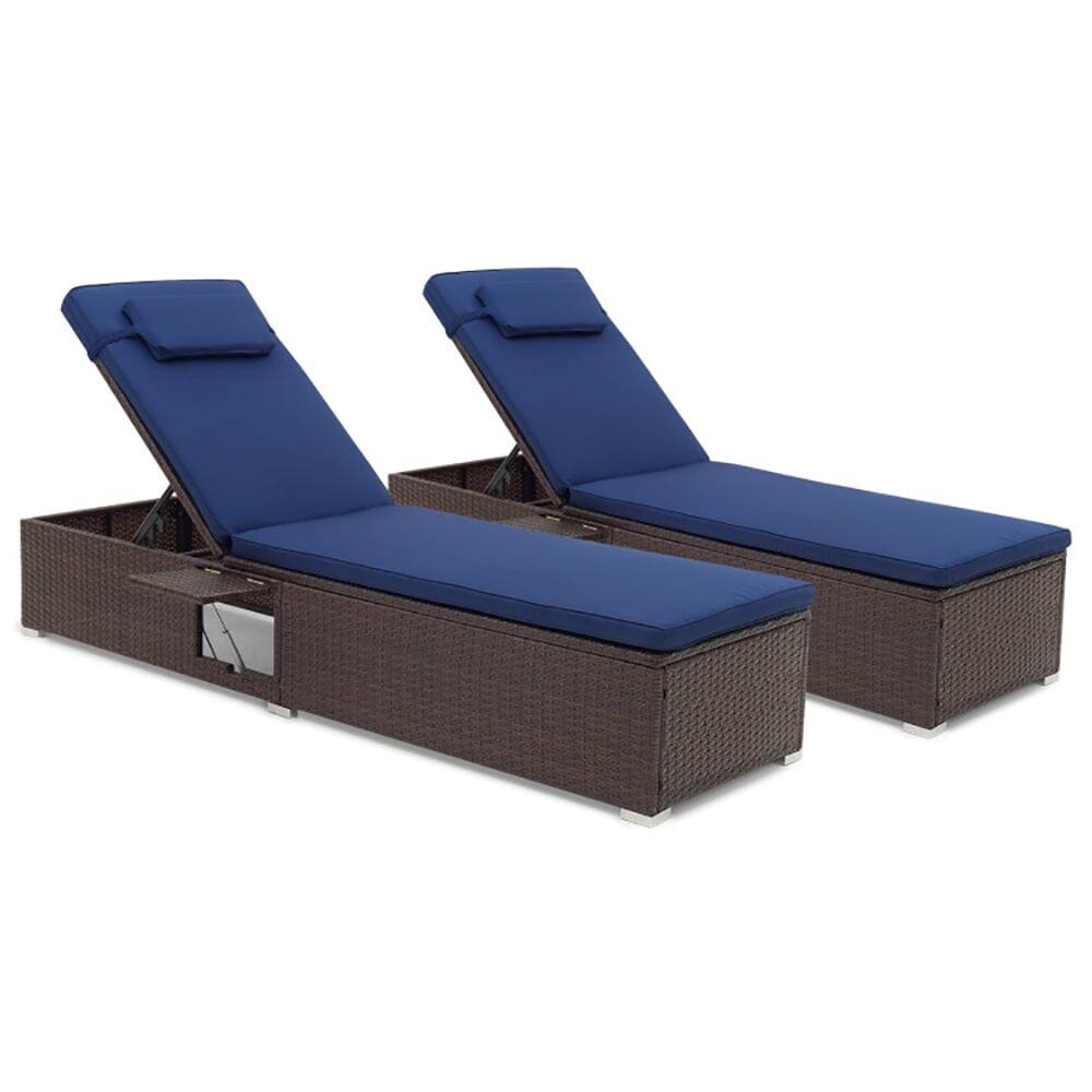 Alt View 1. Kadyn - Outdoor Chaise Lounge Chair, Outdoor PE RattanChaise Lounge with 6-level Backrest-Navy - Blue.