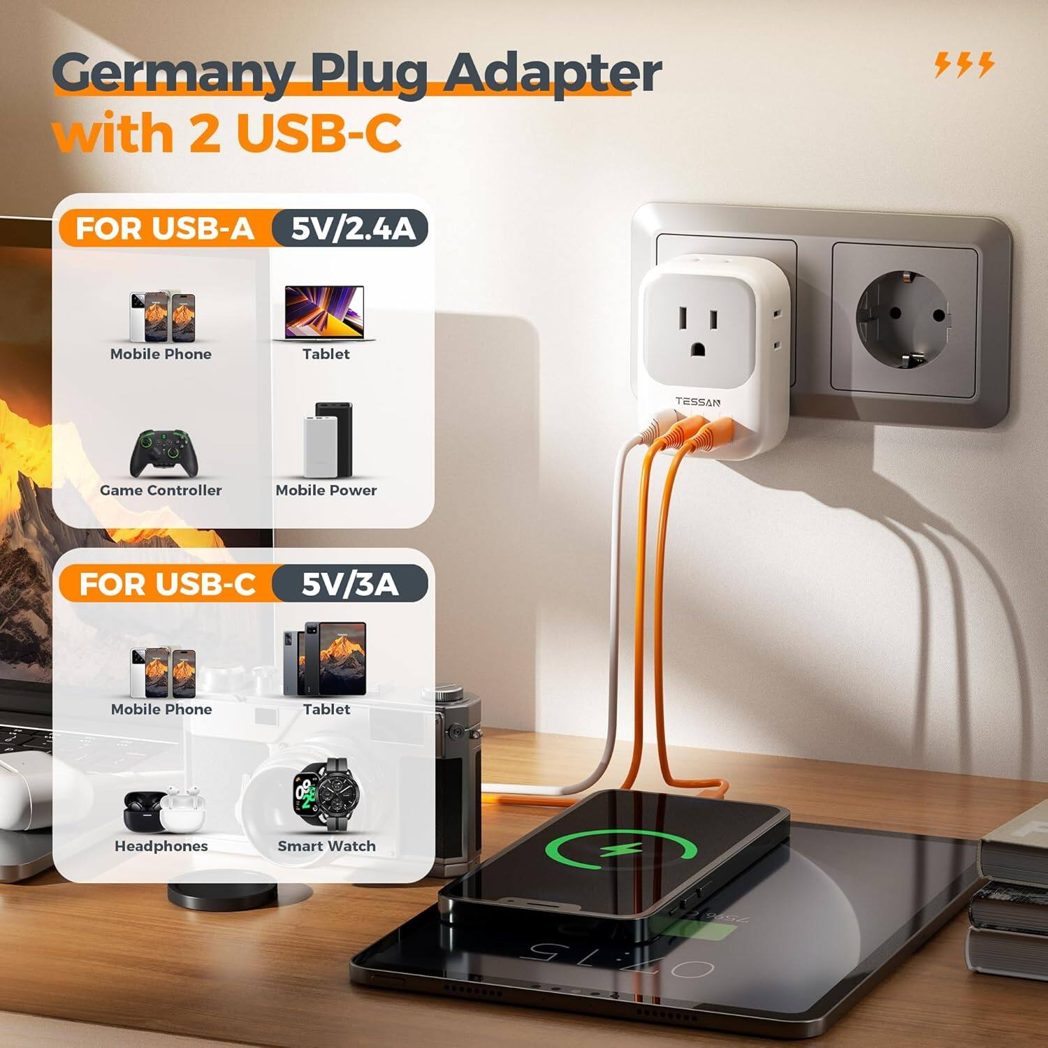Germany Plug Adapter with 2 USB-C

FOR USB-A 5V/2.4A
- Mobile Phone
- Tablet
- Game Controller
- Mobile Power

FOR USB-C 5V/3A
- Mobile Phone
- Tablet
- Headphones
- Smart Watch