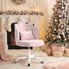 Front. KERDOM - Petal Makeup Vanity Chair with Wheels & Back Pillow, Flower Cute Girls Home Desk Chair, Swivel Velvet Small Accent Chair - Pink.