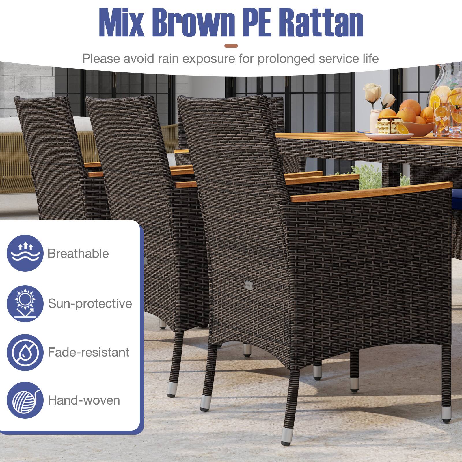 Mix Brown PE Rattan  
Please avoid rain exposure for prolonged service life  

- Breathable  
- Sun-protective  
- Fade-resistant  
- Hand-woven