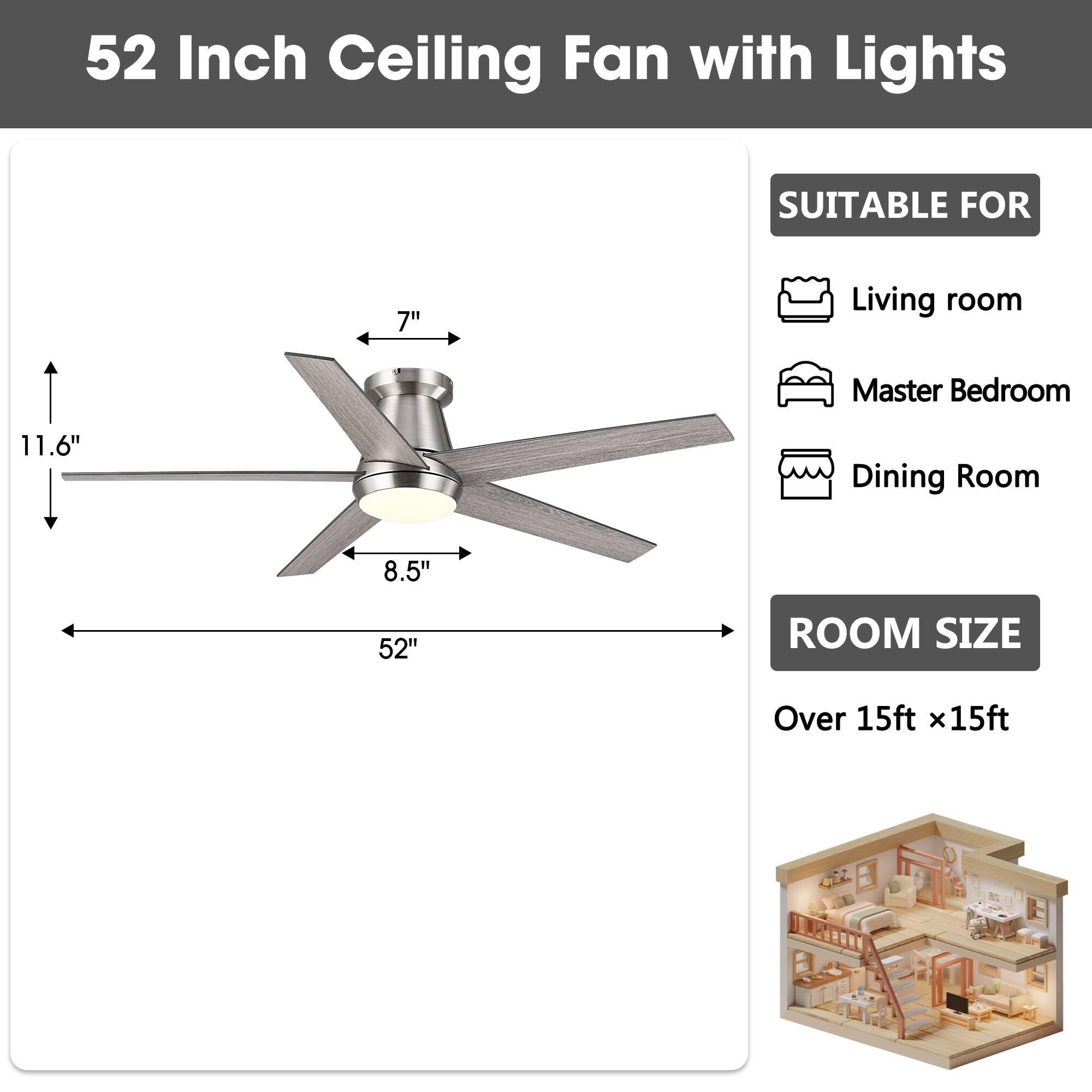 52 Inch Ceiling Fan with Lights

SUITABLE FOR
- Living room
- Master Bedroom
- Dining Room

ROOM SIZE
Over 15ft x 15ft