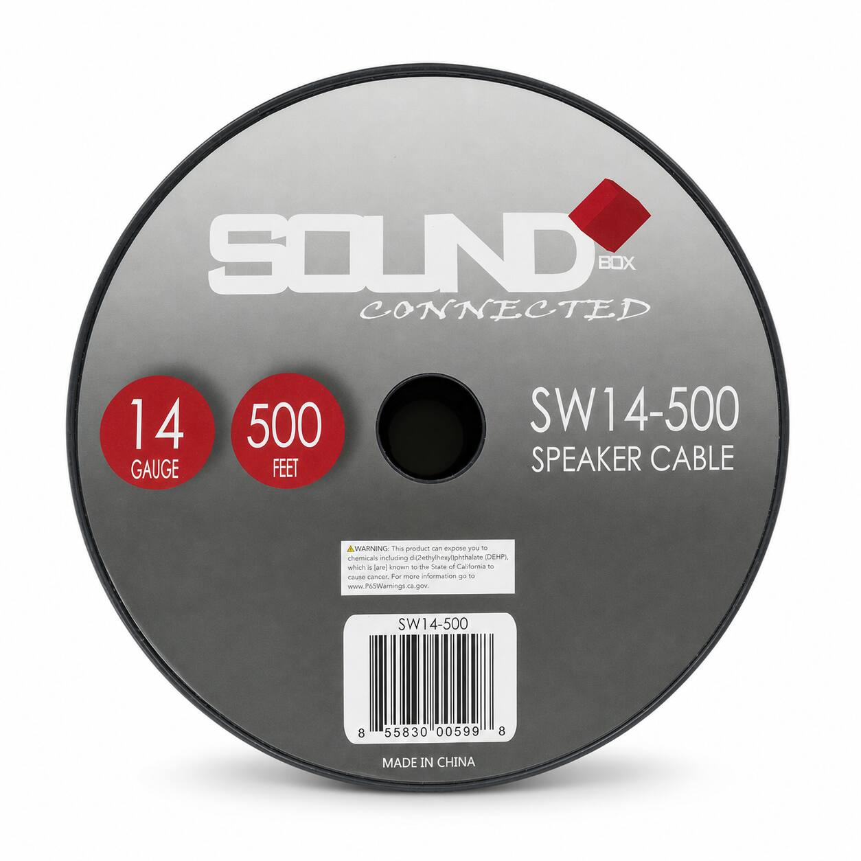 SOUND BOX CONNECTED  
14 GAUGE  
500 FEET  
SW14-500 SPEAKER CABLE  
WARNING: This product can expose you to chemicals including di(2-ethylhexyl)phthalate (DEHP), which is known to the State of California to cause cancer. For more information go to www.P6SWarnings.ca.gov.  
SW14-500  
8 55830 00599 8  
MADE IN CHINA