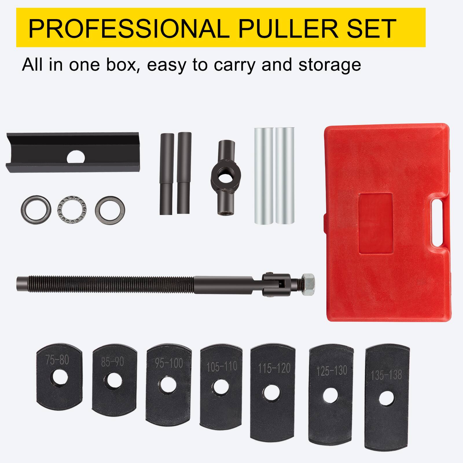 PROFESSIONAL PULLER SET  
All in one box, easy to carry and storage  

75-80  
85-90  
95-100  
105-110  
115-120  
125-130  
135-138