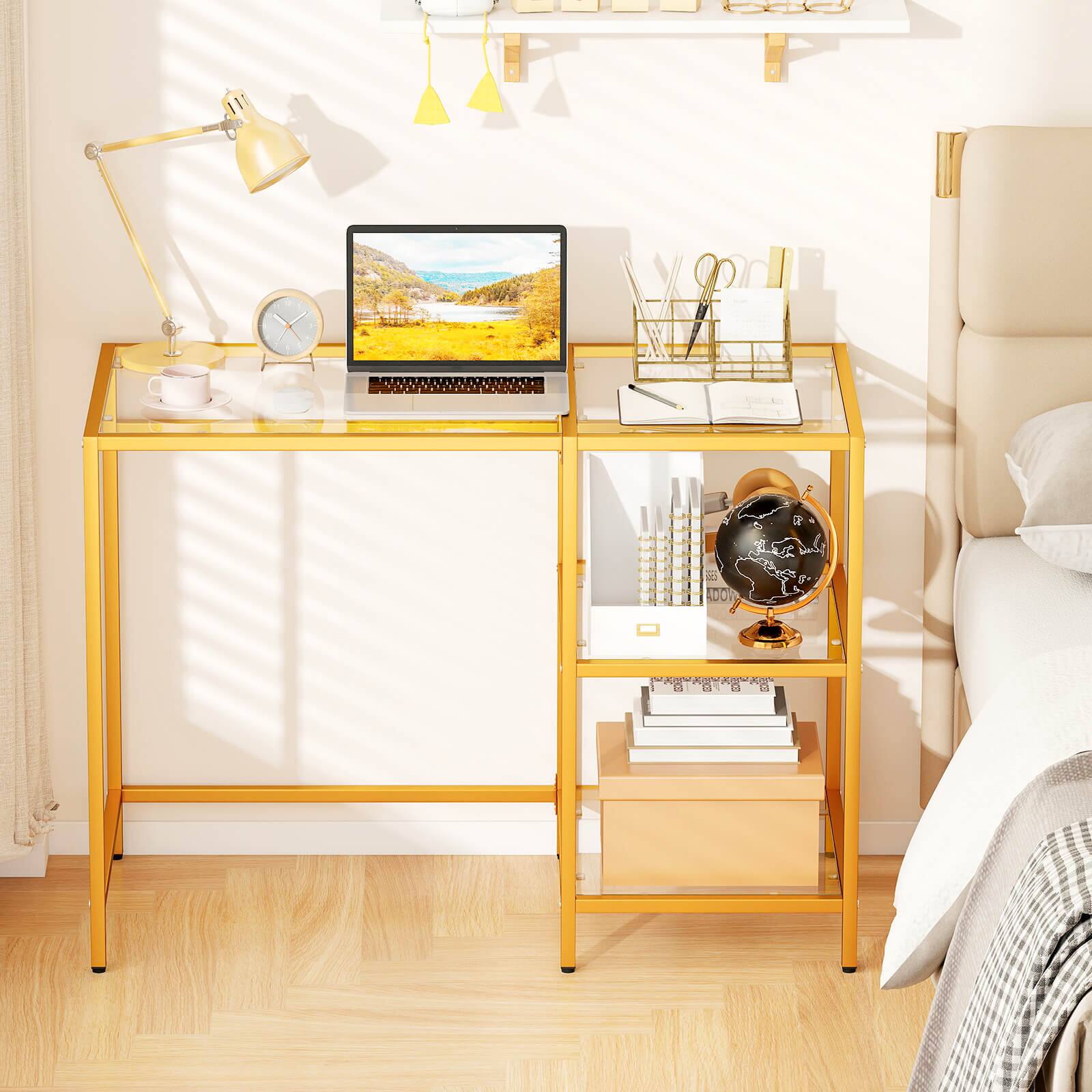 Alt View 4. Costway - Costway Computer Desk Tempered Glass Workstation Vanity Table with 2-Tier Storage Shelves - Gold.