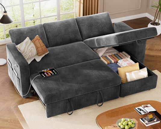 Front. Vipbear - Vipbear 81" Sleeper Sofa Bed with Pull Out Bed L Shaped Sectional Sleeper Sofa, Tool-Free Assembly,Chenille Dark Gray - Gray.