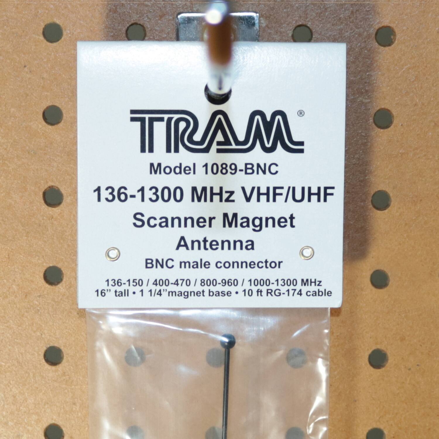 TRAM Model 1089-BNC  
136-1300 MHz VHF/UHF Scanner Magnet Antenna  
BNC male connector  
136-150/400-470/800-960/1000-1300 MHz  
16" tall  
1 1/4" magnet base  
10 ft RG-174 cable