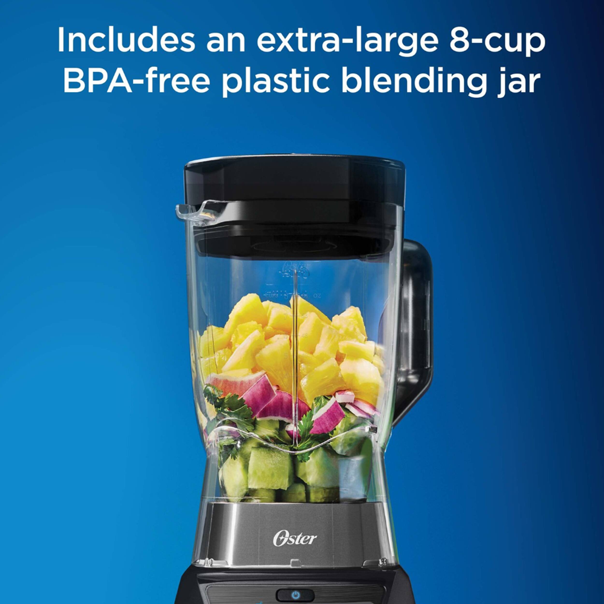 Includes an extra-large 8-cup BPA-free plastic blending jar Oster