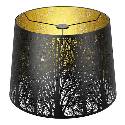 Front. Alucset - Large Metal Drum Lamp Shade Replacement for Table and Floor Lamp - Pattern of Trees - Black Exterior Gold Interior.