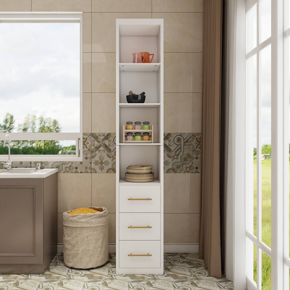 Left. Loheer - Loheer Tall White Storage Cabinet Narrow Freestanding Cabinet with Drawers and Shelves for Bathroom Bedroom - White.