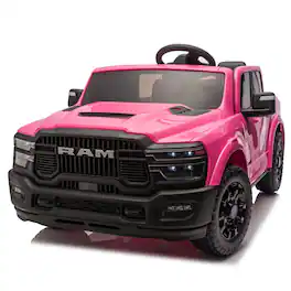 BreeBe - 24V Licensed Dodge RAM 2500 2-Seater Kids Ride On Truck w/ Remote, 2WD, Suspension, Storage, Bluetooth, USB, Ages 3-6 - Pink