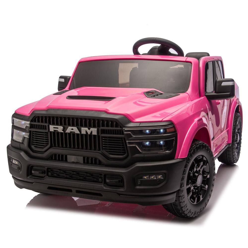 BreeBe - 24V Licensed Dodge RAM 2500 2-Seater Kids Ride On Truck w/ Remote, 2WD, Suspension, Storage, Bluetooth, USB, Ages 3-6 - Pink