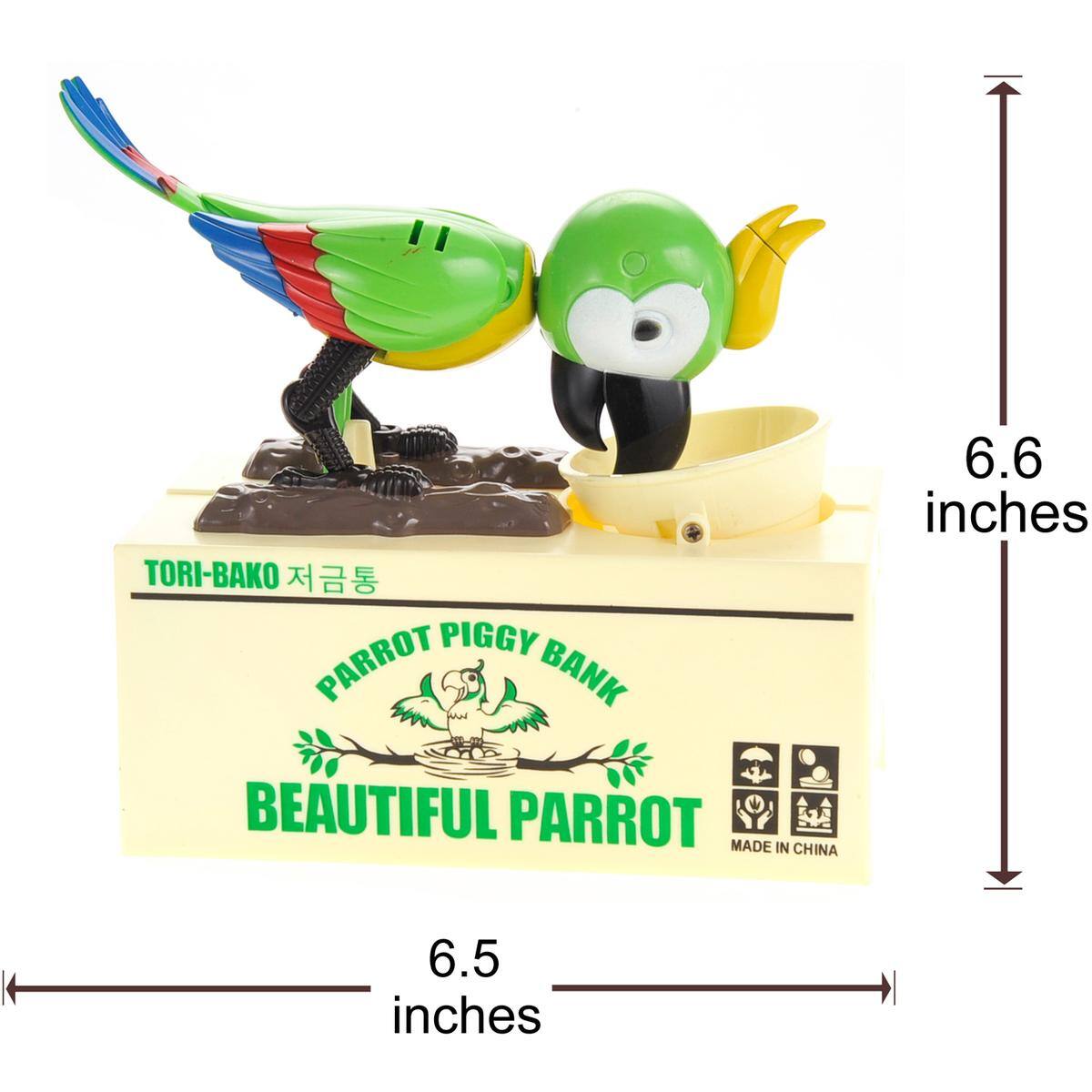 TORI-BAKO  
PARROT PIGGY BANK  
BEAUTIFUL PARROT  
MADE IN CHINA  

6.6 inches  
6.5 inches