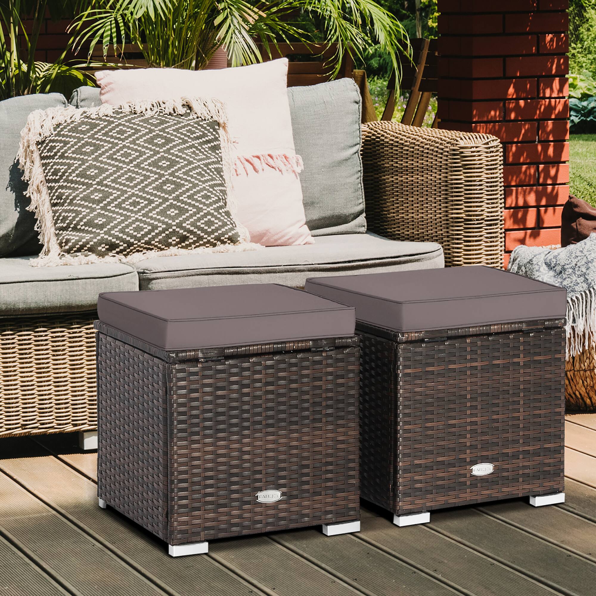 Alt View 2. Gymax - Gymax 2PCS Outdoor Patio Ottomans Hand-Woven PE Wicker Footstools w/ Removable Cushions Grey - Grey.