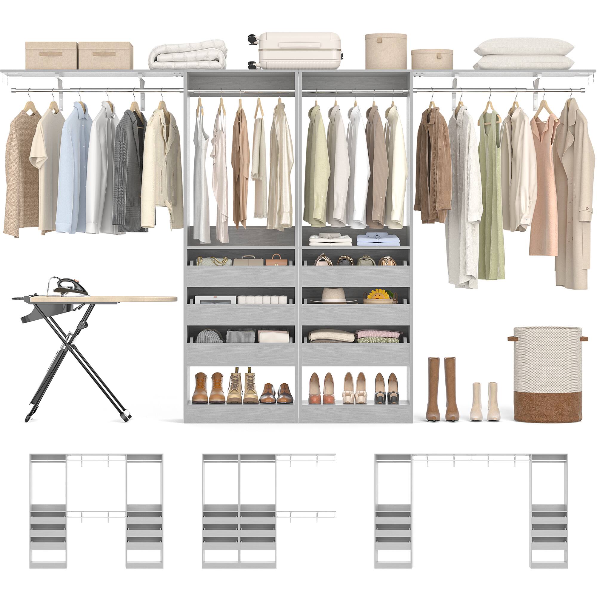 Angle. Aheaplus - 10FT Large Closet Organizer System Set of 2, Wall Mounted Closet System with 6 Drawers, 4 Hanging Rods, and Shelves - Gray.