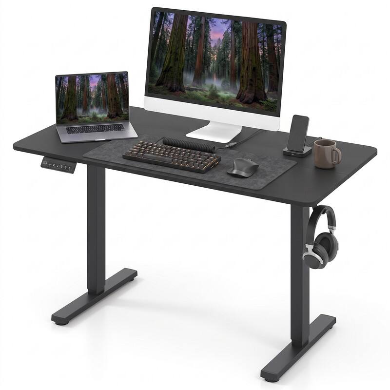 Angle. WELLFOR - 48" Ergonomic Electric Standing Desk with 3 Memory Settings & Hanging Hooks, Adjustable Height Stand up Desk - Black.