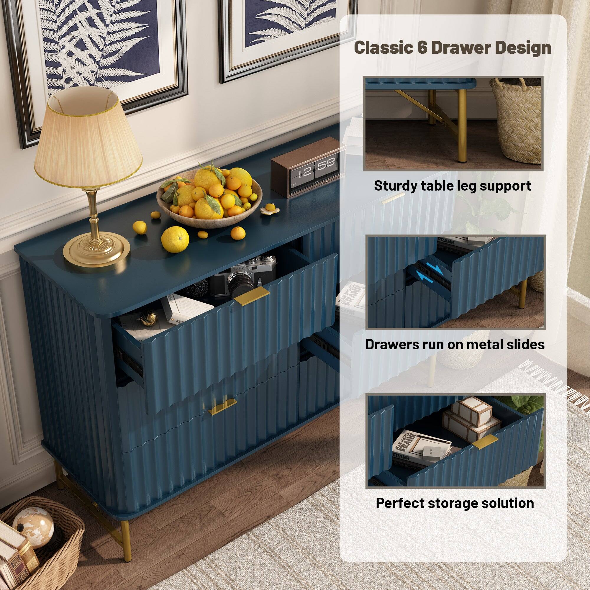 Classic 6 Drawer Design  
Sturdy table leg support  
Drawers run on metal slides  
Perfect storage solution