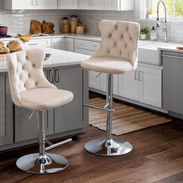 Ecooso - Set of 2 Adjustable Swivel Bar Stools (25-33"), Upholstered with Chrome Base, Tufted Back - Beige