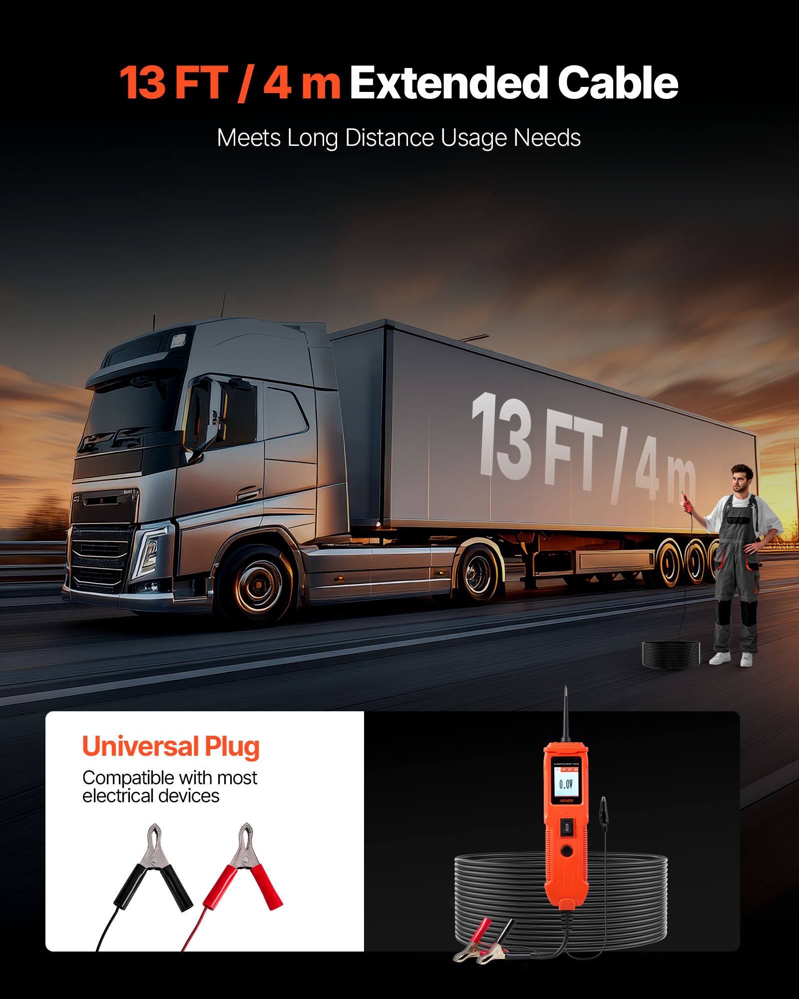 13 FT / 4 m Extended Cable  
Meets Long Distance Usage Needs  

Universal Plug  
Compatible with most electrical devices