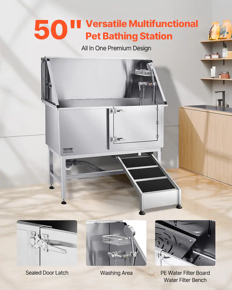 Multifunctional Ramp VEVOR Stainless Steel Dog Washing Station, 50 inch Pet Grooming Tub w ...