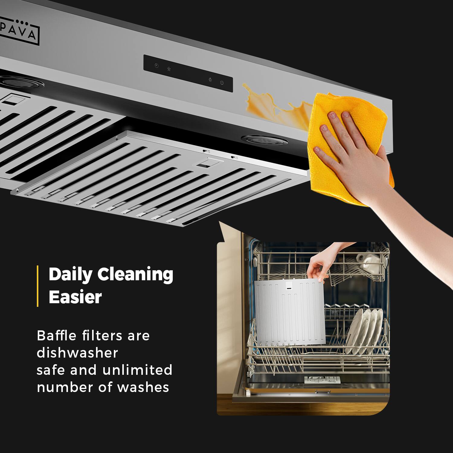 PAVA daily cleaning is easier. Baffle filters are dishwasher safe and provide an unlimited number of washes.