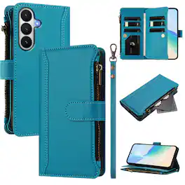 Dteck - Crossbody Wallet Case for Samsung Galaxy S26, Shockproof Zipper PU Leather Flip Stand Cover with 9 Card Slots - Blue