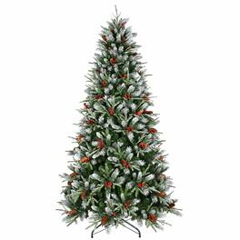 RYHNUYNE - 9FT Christmas Tree With Red Berries Pine Cones, 3750 Snow-Dusted PE+PVC Branches Hinged Design Sturdy Metal Stand - Green,White