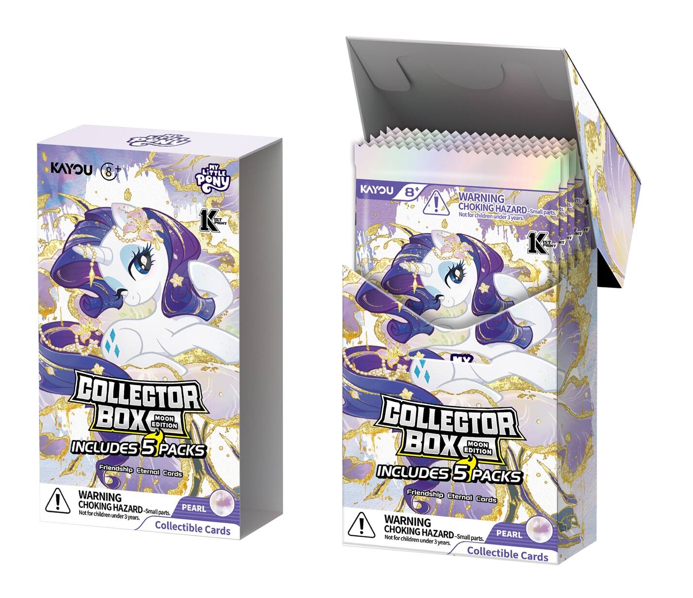 KAYOU  
MY LITTLE PONY  
KAYOU 8+  
COLLECTOR BOX EDITION MOON  
INCLUDES 5 PACKS Friendship Eternal Cards  
WARNING! CHOKING HAZARD - Small parts. Not for children under 3 years.  
Collectible Cards