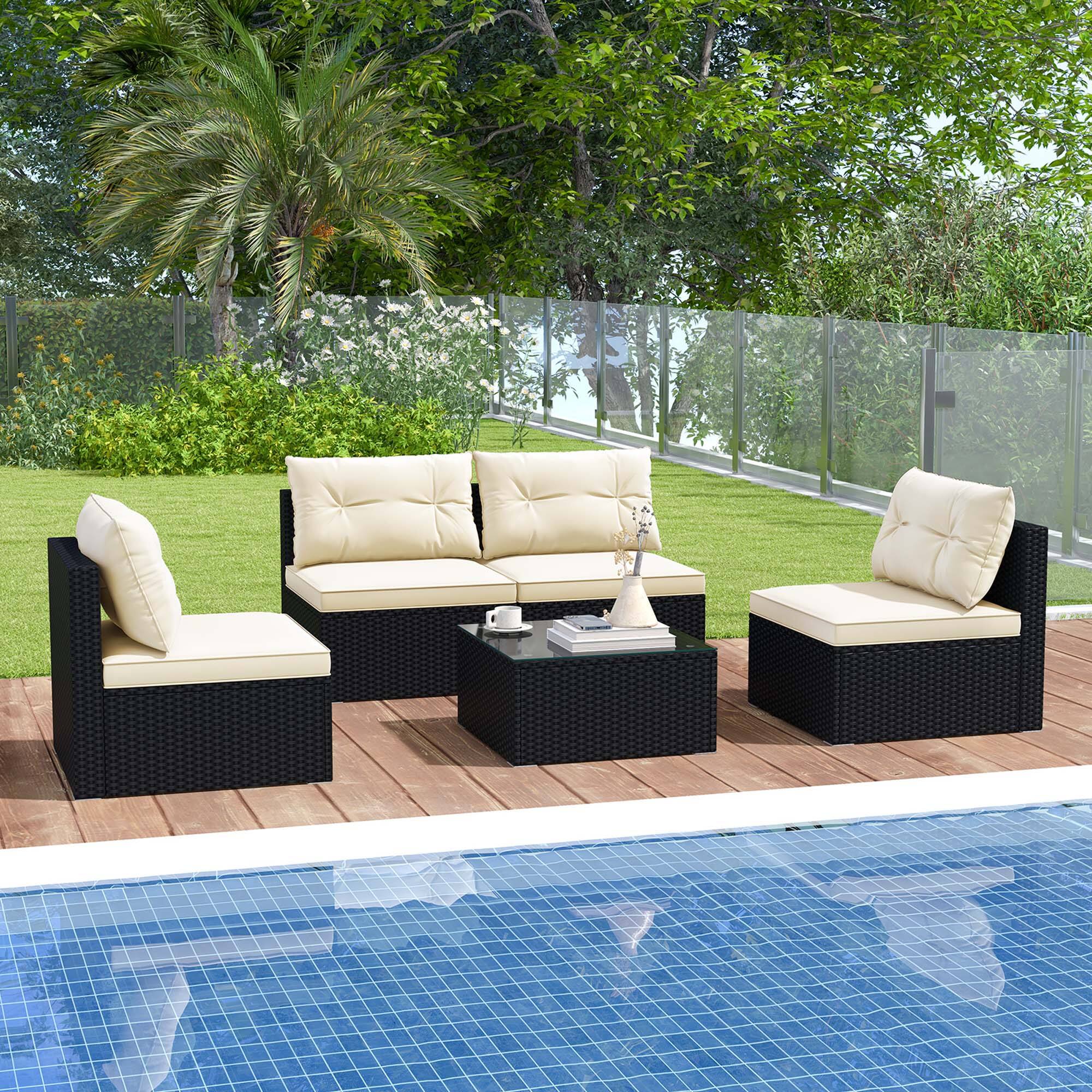 Alt View 1. Costway - Costway 5 Pieces Outdoor Furniture Set with Seat & Back Cushions Tempered Glass Tabletop - Black,Off White.