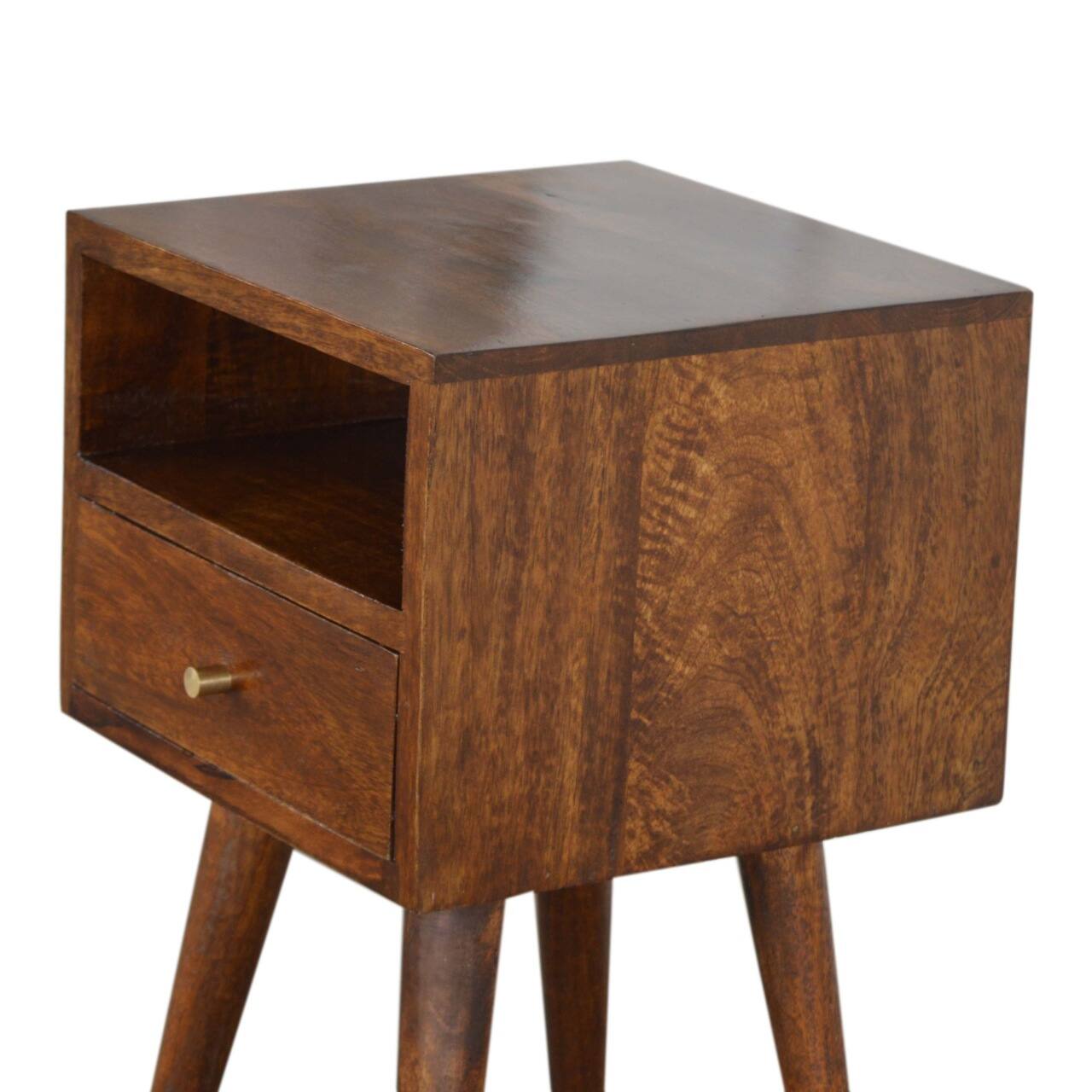 Alt View 1. Artisan Furniture - Artisan Furniture Solid Wood Mini Chestnut Nightstand, 1 drawer, 1 Open Slot, Nordic legs, Dark Brown - Chestnut.
