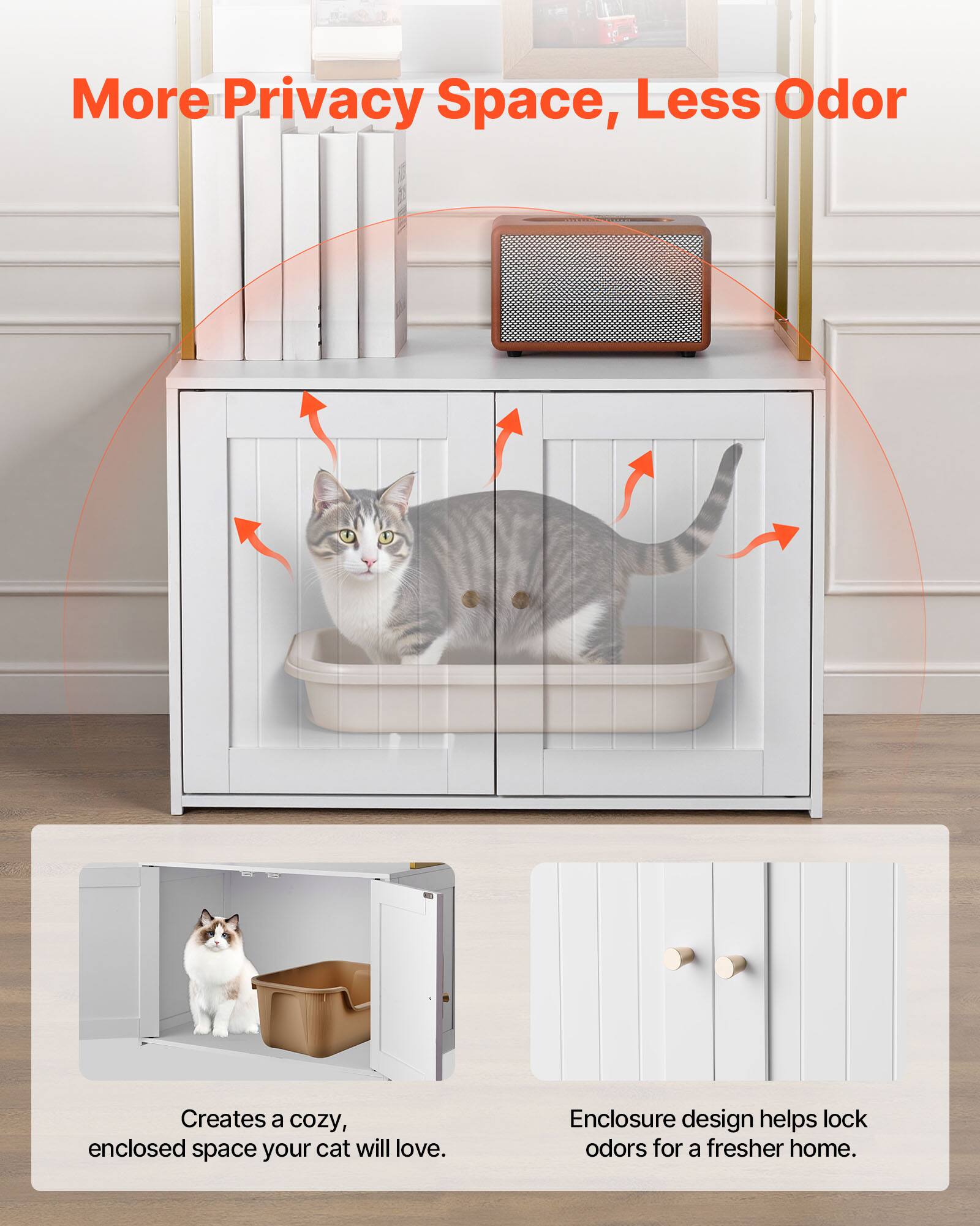 More Privacy Space, Less Odor

Creates a cozy, enclosed space your cat will love.

Enclosure design helps lock odors for a fresher home.