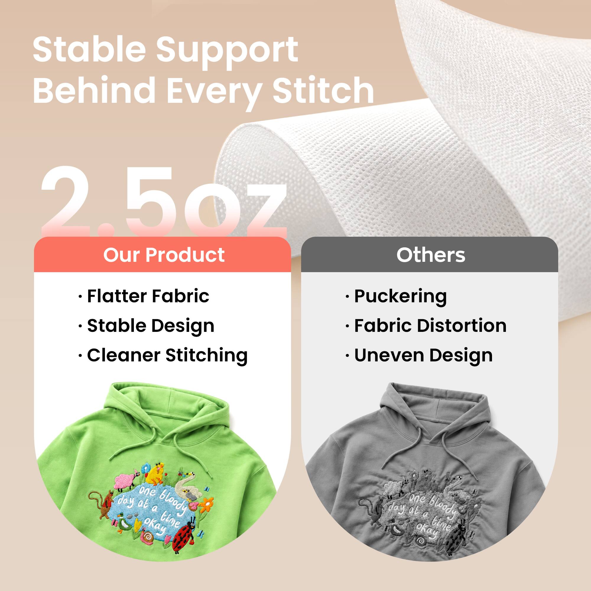 Stable Support Behind Every Stitch

2.5oz

Our Product
- Flatter Fabric
- Stable Design
- Cleaner Stitching

Others
- Puckering
- Fabric Distortion
- Uneven Design

one day at a bloody time okay