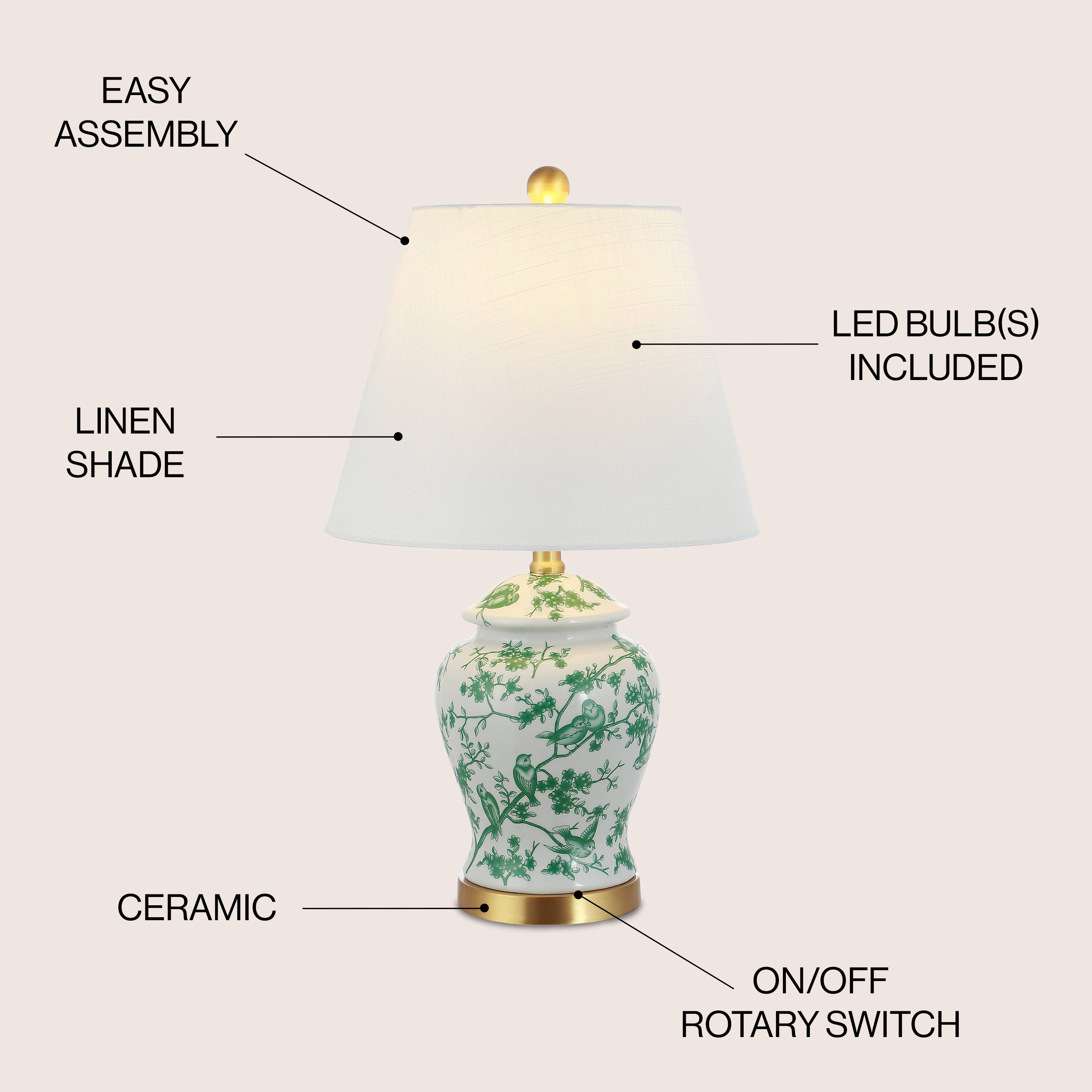 EASY ASSEMBLY  
LINEN SHADE  
LED BULB(S) INCLUDED  
CERAMIC  
ON/OFF ROTARY SWITCH