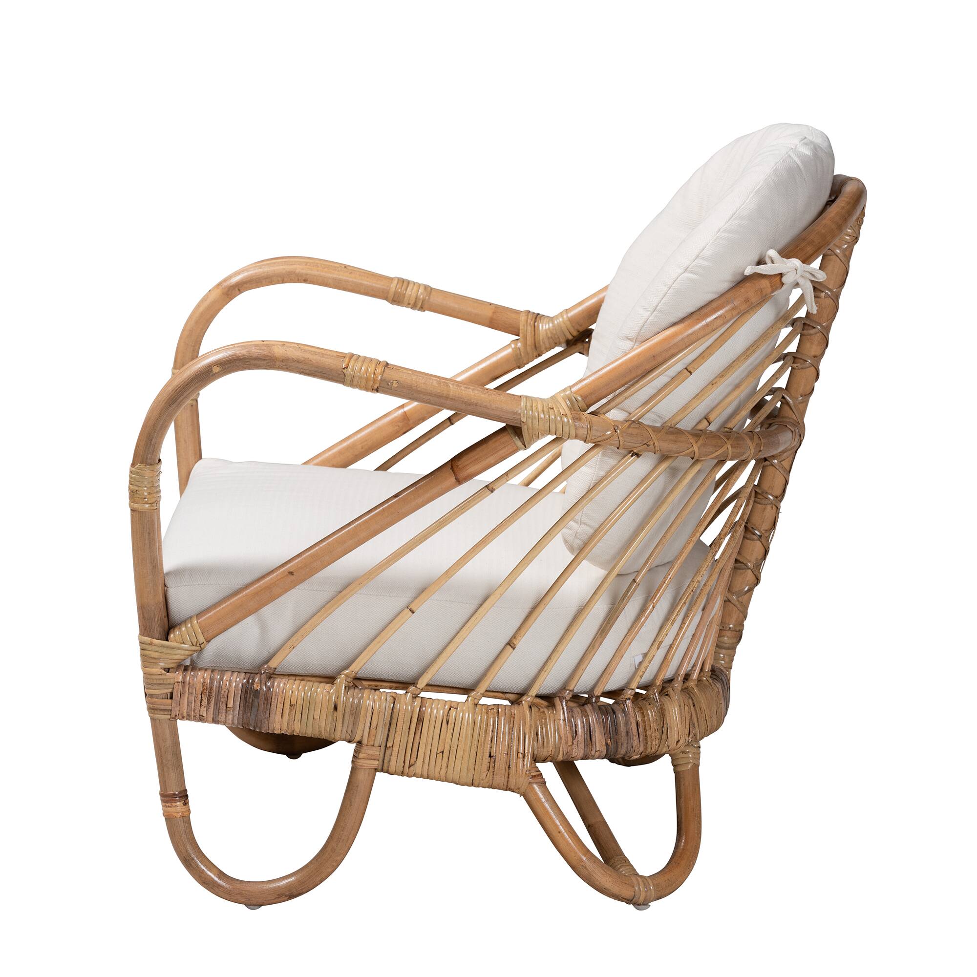 Left. bali & pari - Aliane Modern Bohemian Antique Rattan Armchair - White/Natural Brown.