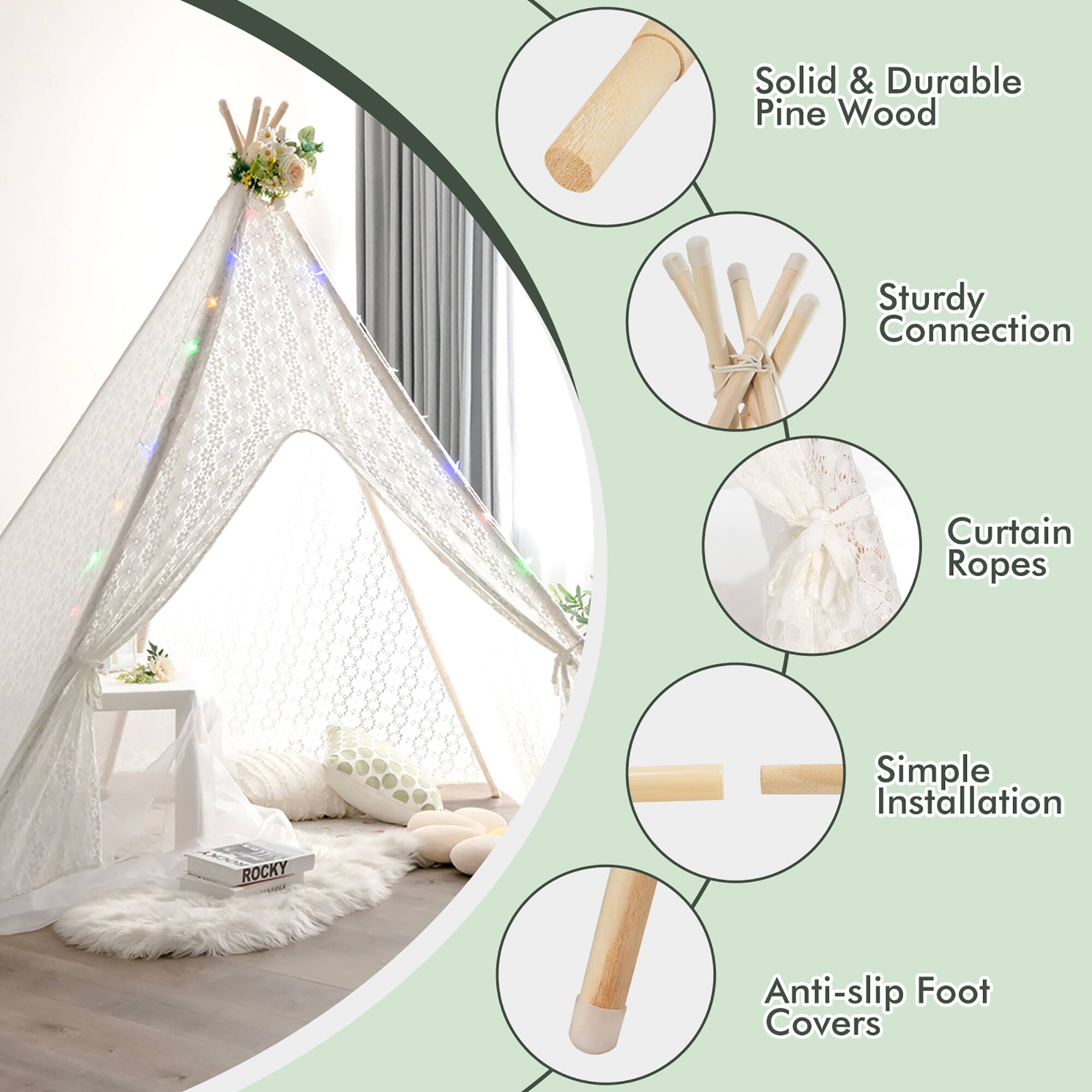 Solid & Durable Pine Wood  
Sturdy Connection  
Curtain Ropes  
Simple Installation  
Anti-slip Foot Covers