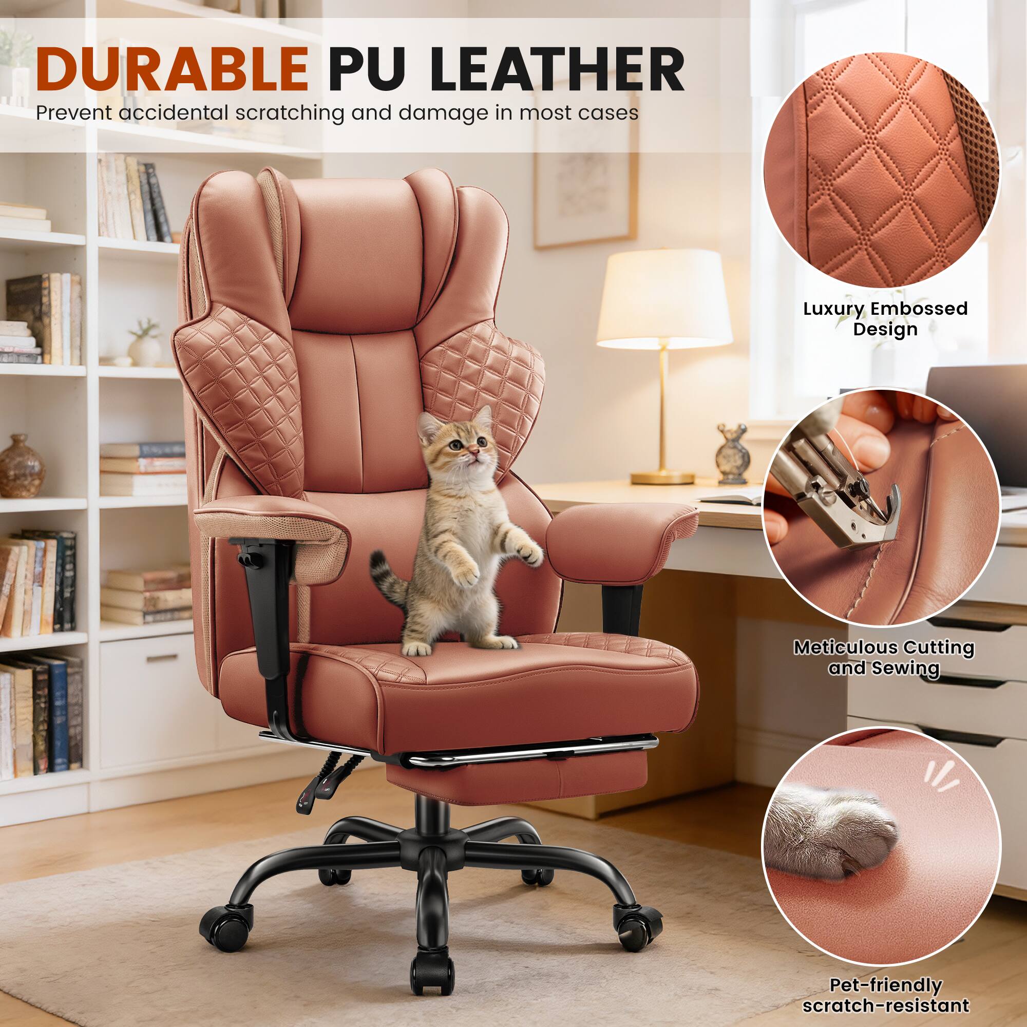 DURABLE PU LEATHER  
Prevent accidental scratching and damage in most cases  

Luxury Embossed Design  

Meticulous Cutting and Sewing  

Pet-friendly scratch-resistant