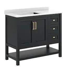 Flash Furniture - Vega 42" Bathroom Vanity with Sink, Cabinet with Gold Hardware, Soft Close Doors, Open Shelf & 3 Drawers, Carrara Marble - Black