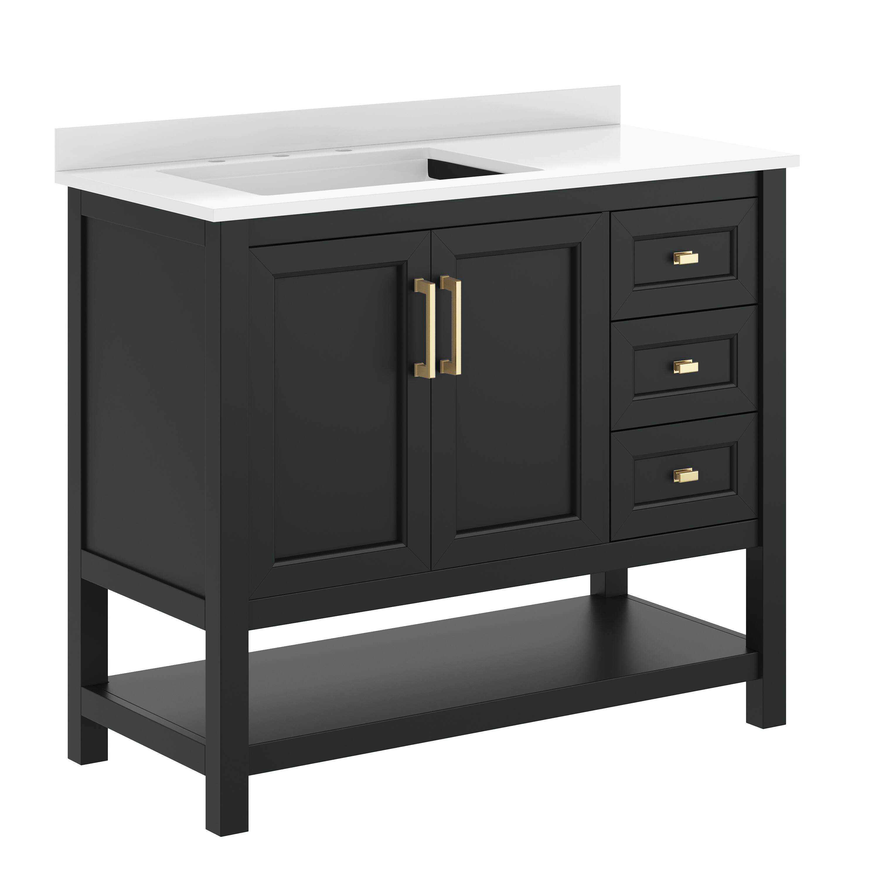 Flash Furniture - Vega 42" Bathroom Vanity with Sink, Cabinet with Gold Hardware, Soft Close Doors, Open Shelf & 3 Drawers, Carrara Marble - Black