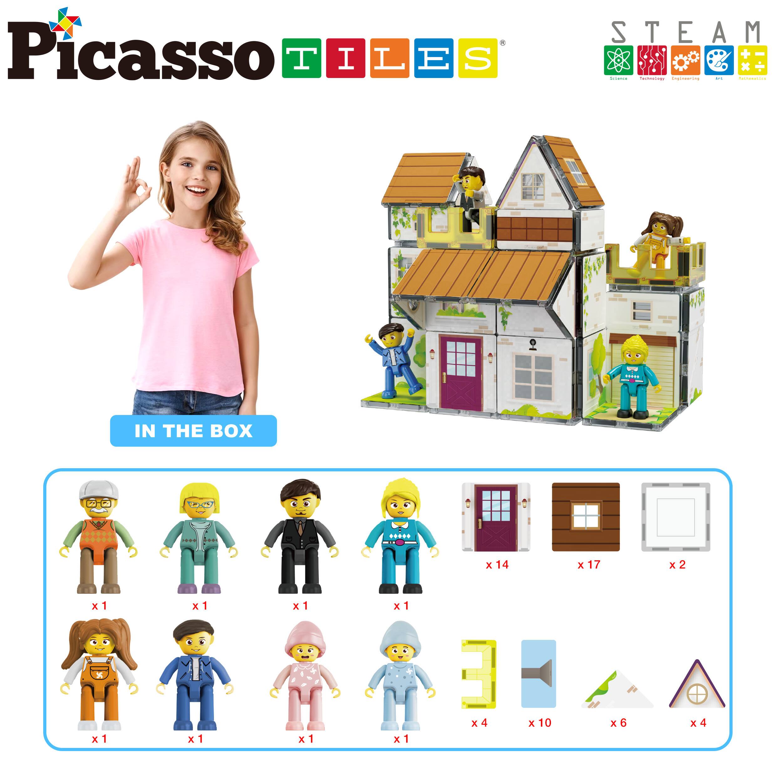 Picasso Tiles  
STEAM  
IN THE BOX  

- Figures:  
  - x1  
  - x1  
  - x1  
  - x1  
  - x1  
  - x1  
  - x1  
  - x1  

- Doors: x14  
- Windows: x17  
- Panels: x2  

- Accessories:  
  - x4  
  - x10  
  - x6  
  - x4