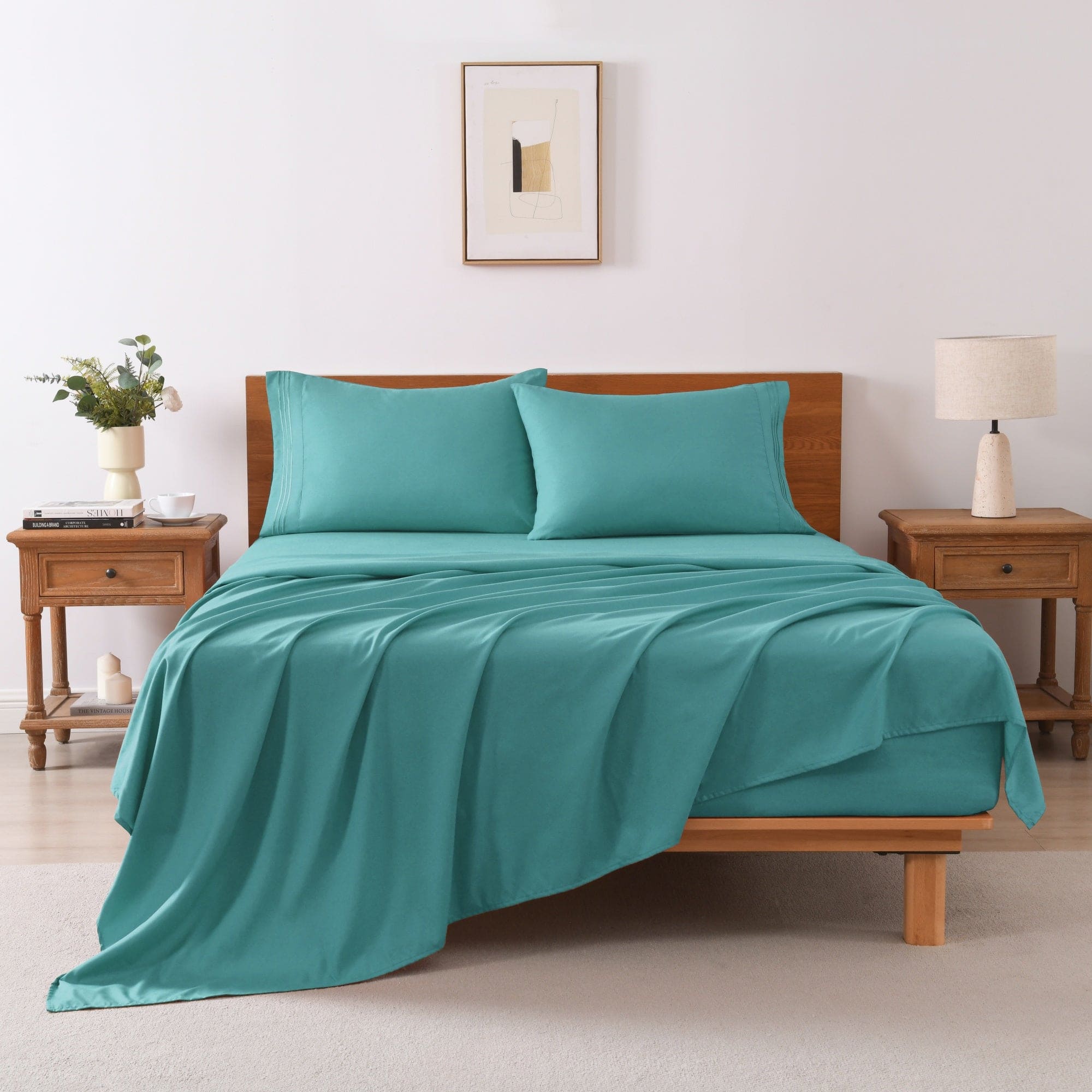 MarCielo - 3/4 Pcs Soft Solid & Embroidery Bed Sheets Set - Dark Teal