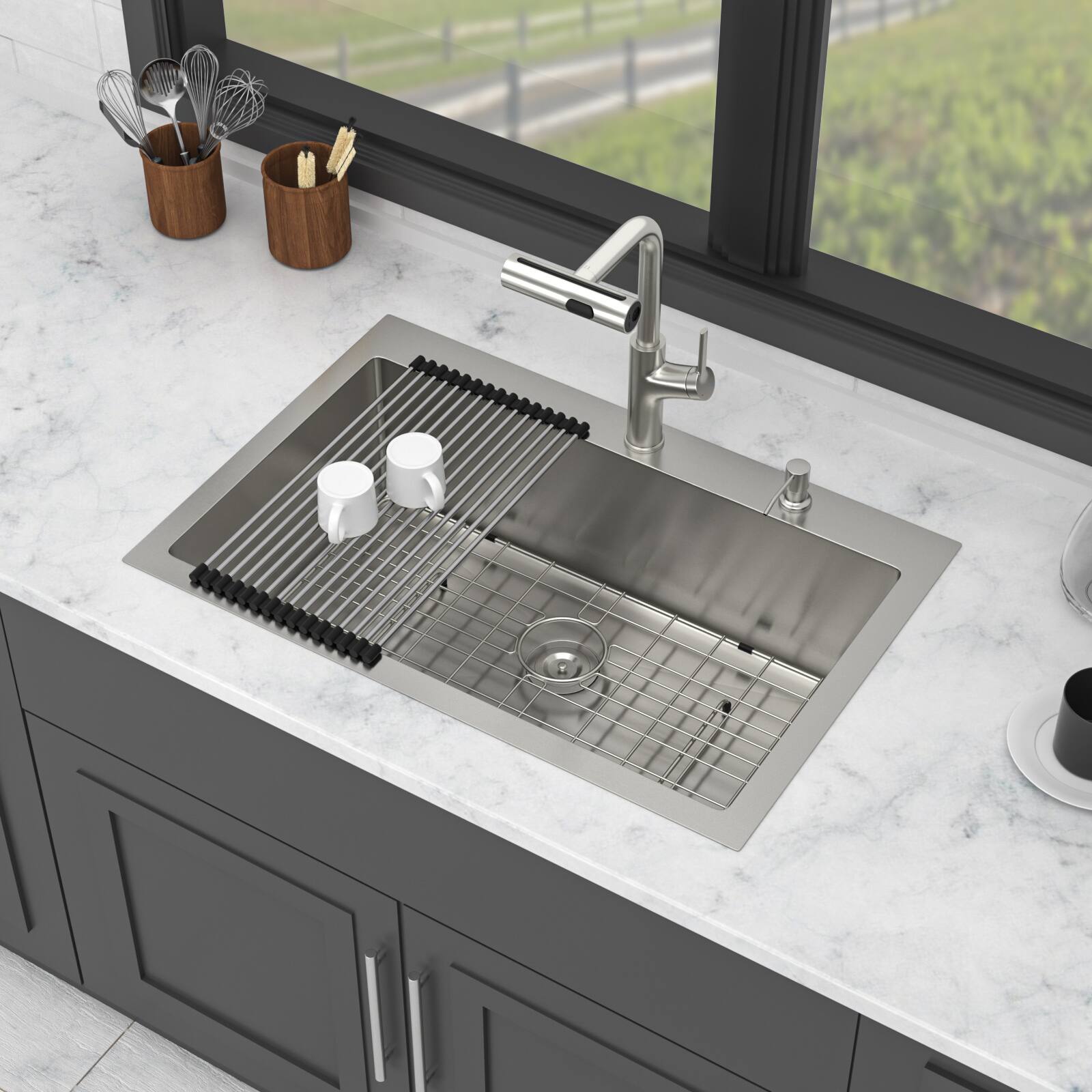 Angle. Siljoy - 30" Drop-in Kitchen Sink with Pull-out Faucet and Soap Dispenser Single Bowl 16 Gauge Stainless Steel Topmount Basin - Brushed Nickel.
