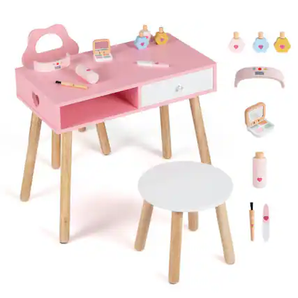 Front. Costway - Costway Kids Pretend Nail Salon Playset with Chair Stool Wooden Toddlers Makeup Eye Shadow - Pink + Natural + White.