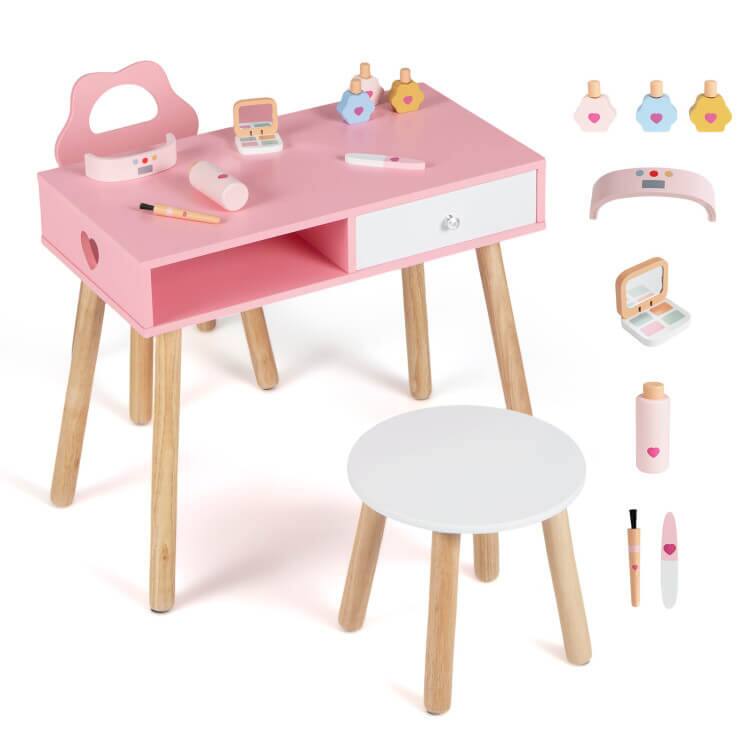 Front. Costway - Costway Kids Pretend Nail Salon Playset with Chair Stool Wooden Toddlers Makeup Eye Shadow - Pink + Natural + White.