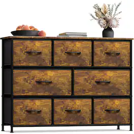 Sorbus - 8 Drawers Wide Dresser - Organizer Unit with Steel Frame, Wood Top, and Handle, and Fabric Bins - Rustic